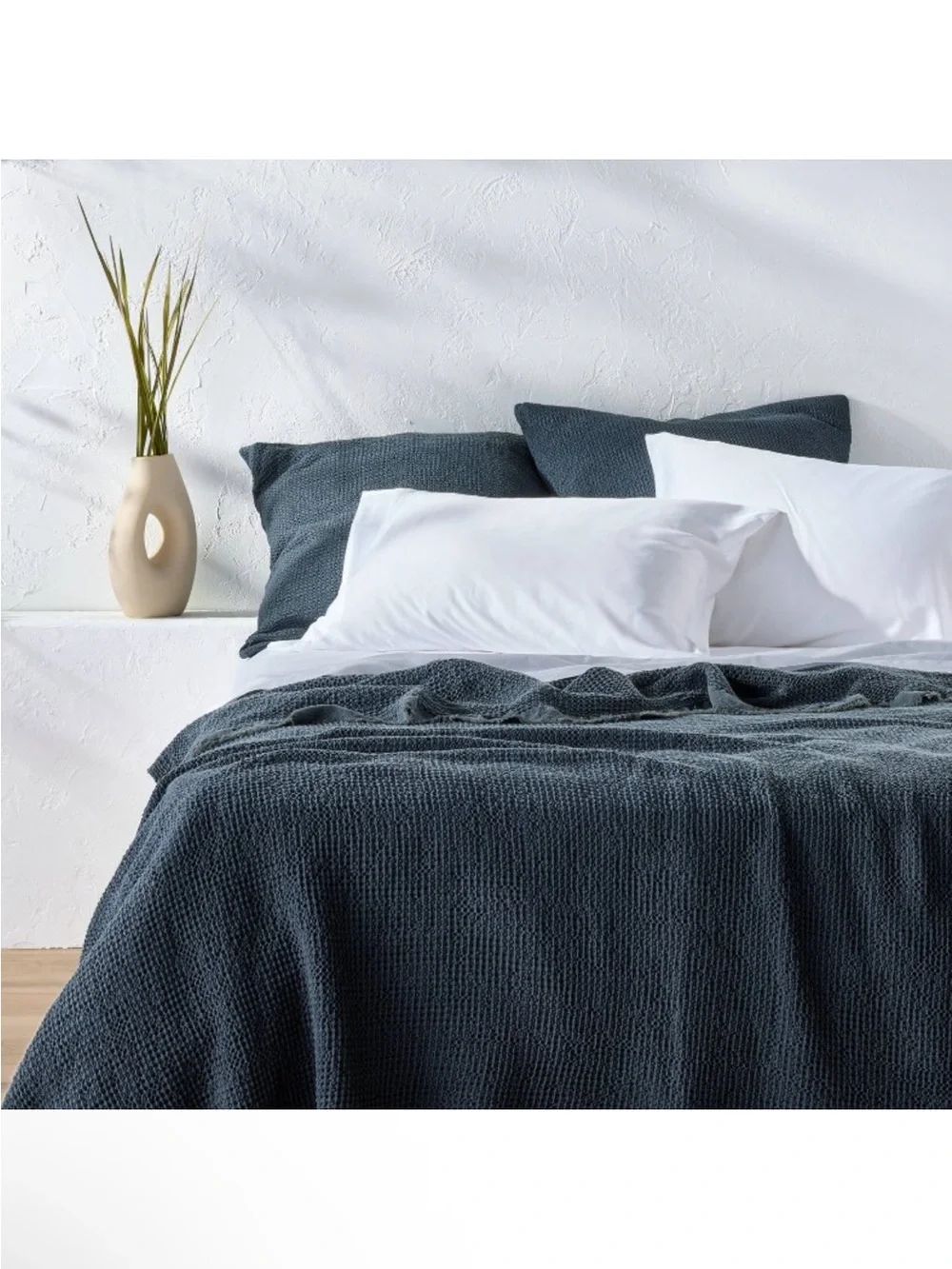 NWT King Plus Textured Waffle Coverlet Dark Mineral Blue - Casaluna